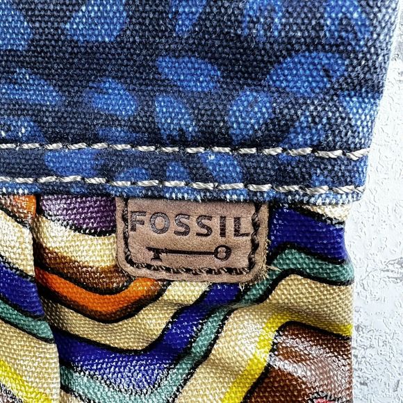 Fossil Key-Per Crossbody Bag Coated Canvas Aztec Chevron Print Blue Denim Trim‎ - Picture 5 of 16